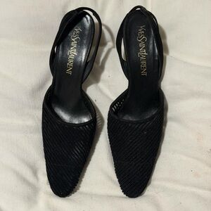 Yves Saint Laurent Black Textured Slingback Pointed Pumps